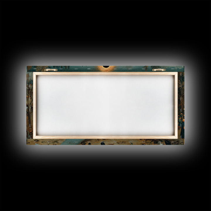 The Eclipse Summoning, Northern Renaissance Horror, Wide Panoramic Art, Dark Halloween Decor, Framed Canvas Print