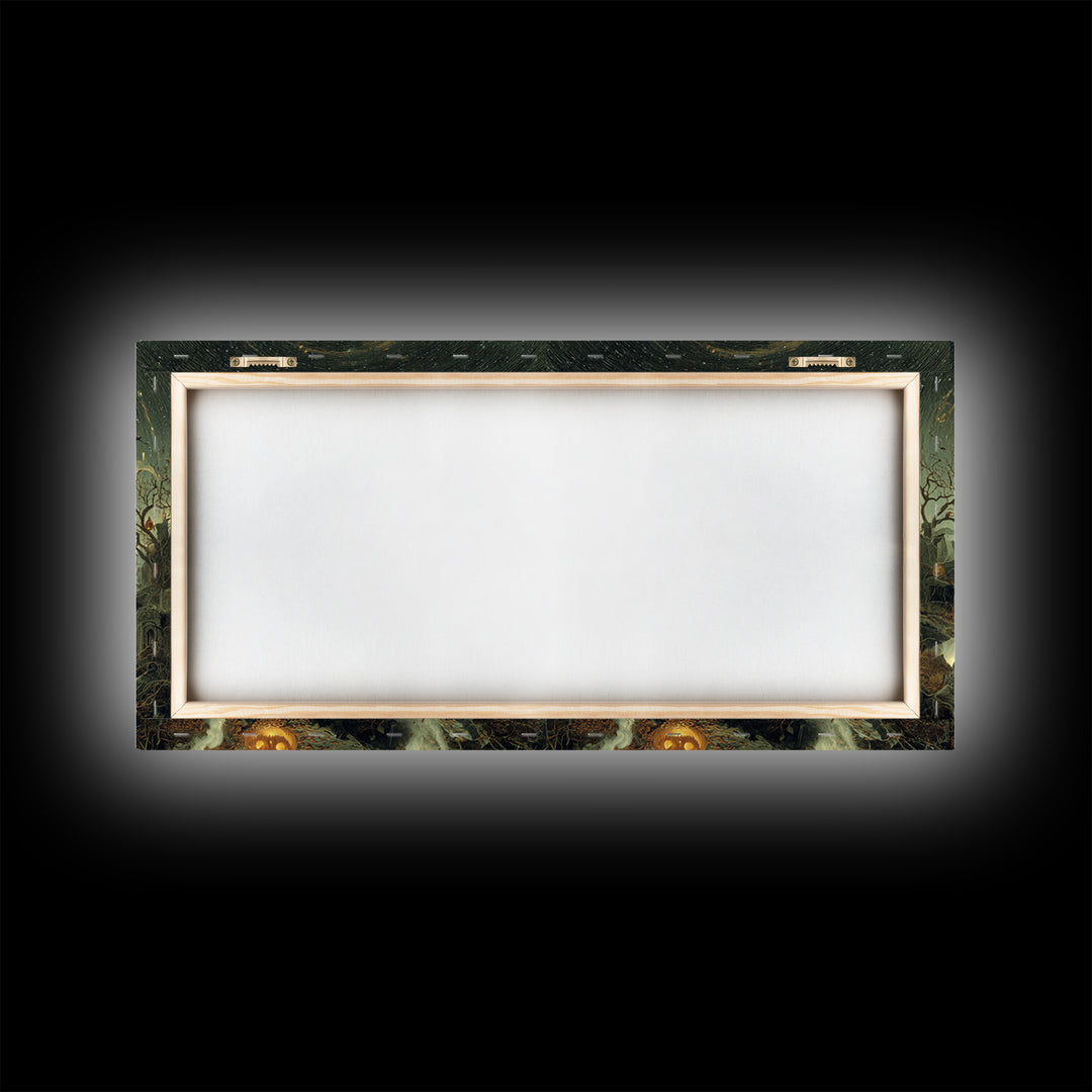 Halloween On Another Planet, Romantic Gothic Landscape, Wide Panoramic Art, Dark Fantasy Wall Art, Framed Canvas Print