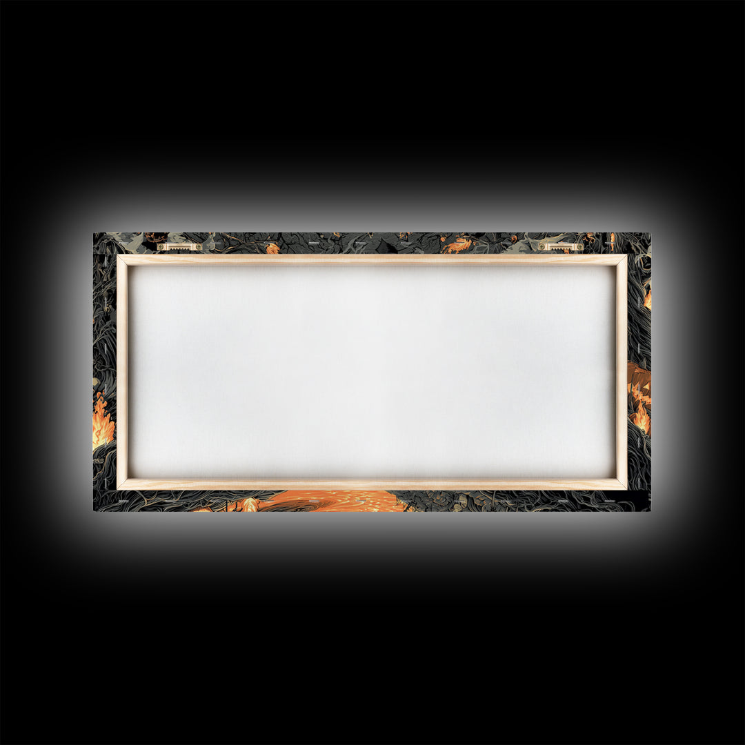 The Volcanic Demon Festival, Wide Panoramic Art, Haunted Gothic Art, Framed Canvas Print, Halloween Wall Decor, Gothic Home Decor