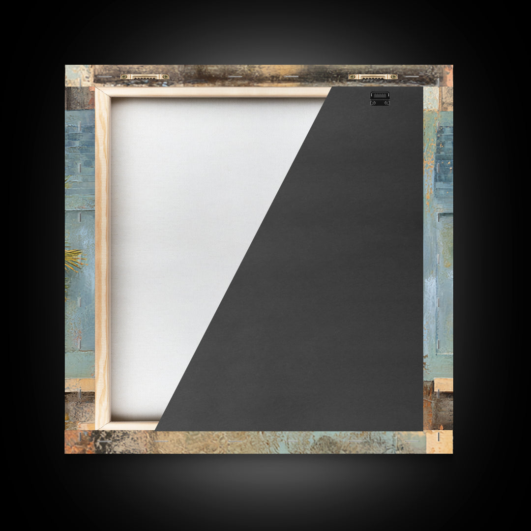 Weathered Window with Blue Shutters Framed Canvas Print, French Country Art, Landscape Wall Art, Farmhouse Decor, Oil Painting, FCA-1x1-93