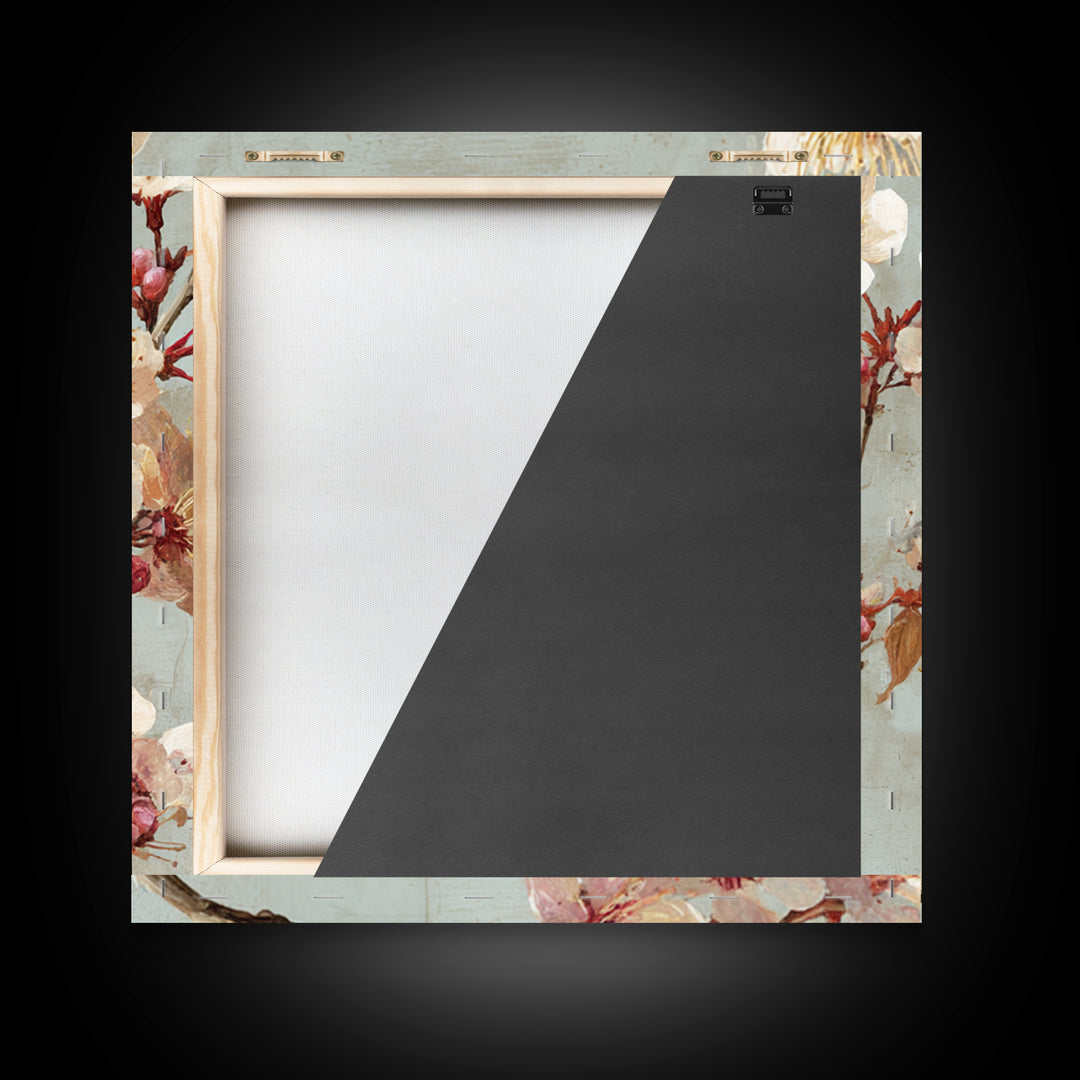 Delicate Cherry Blossom Branch on Pale Sky Framed Canvas Print, Floral Art, Statement Artwork, Living Room Decor, Bloom, FLO-1x1-78