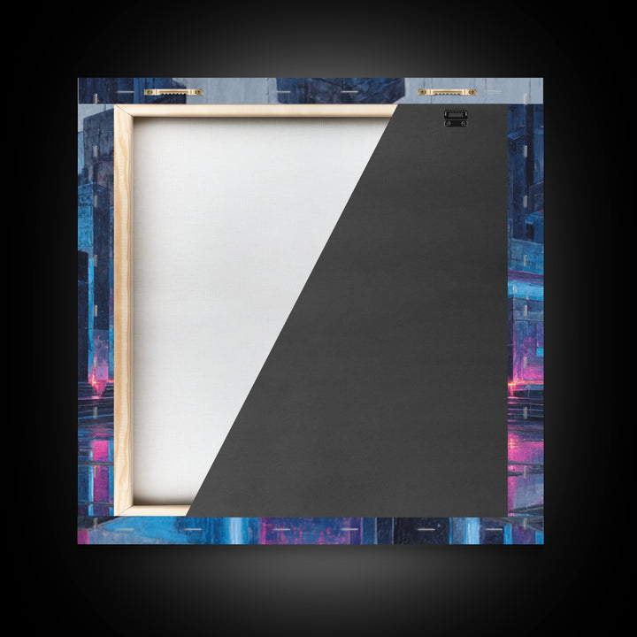 White and Blue Utopian Megastructure Framed Canvas Print, Futuristic Art, Living Room Decor, Abstract Art, Future, FUT-1x1-84