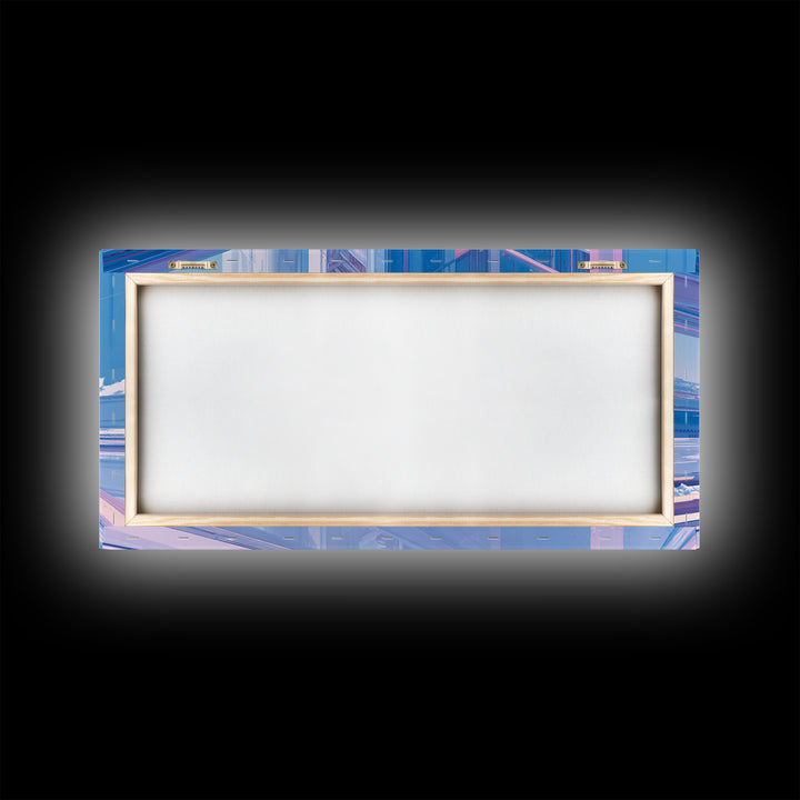White and Blue Utopian Megastructure Framed Canvas Print, Futuristic Art, Colorful Wall Art, Living Room Decor, Future, FUT-2x1-80