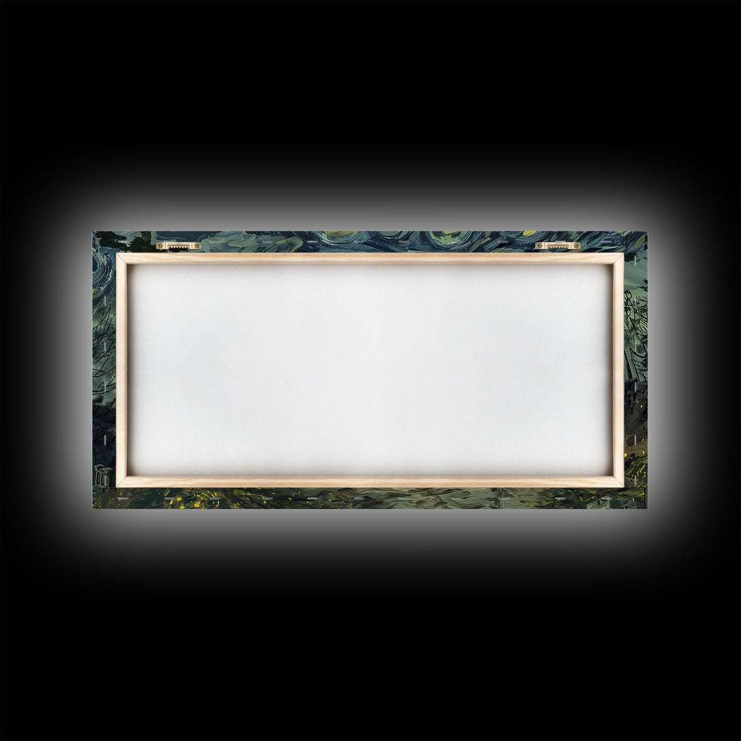 Haunted Graveyard Framed Canvas Print, Starry Night Van Gogh Inspired Halloween Decor, Spooky Vibes Halloween Gift