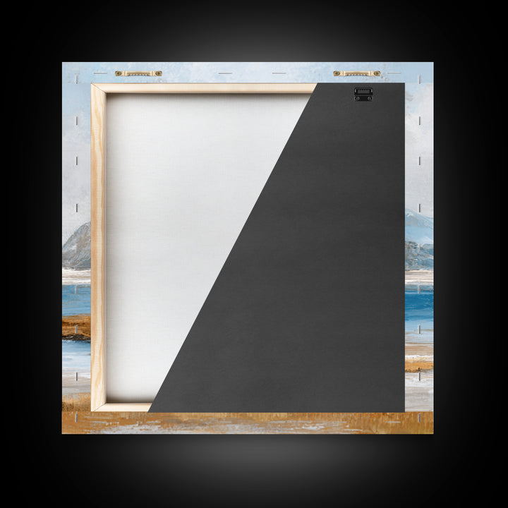 Fjord Landscape with Icy Blue Water Framed Canvas Print, Landscape Art, Neutral Decor, Living Room Decor, Oil Painting, Horizon, LAN-1x1-63