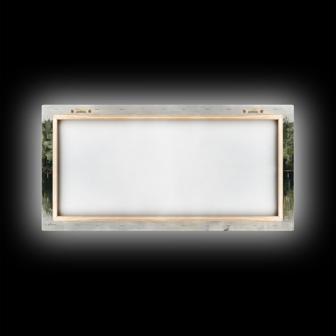 Quiet Lake Reflecting Pine Forest Framed Canvas Print, Landscape Art, Digital Wall Art, Living Room Decor, Fine Art, Horizon, LAN-2x1-72