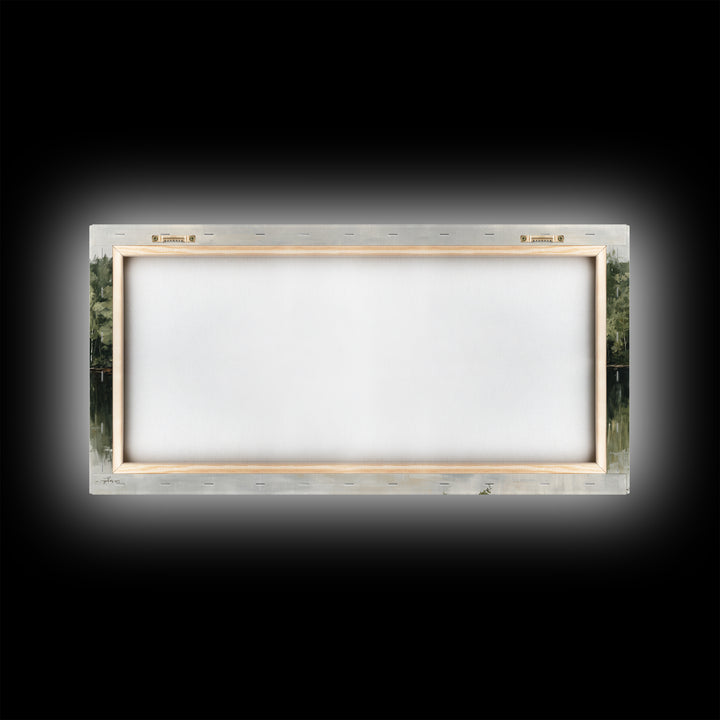 Quiet Lake Reflecting Pine Forest Framed Canvas Print, Landscape Art, Digital Wall Art, Living Room Decor, Fine Art, Horizon, LAN-2x1-72