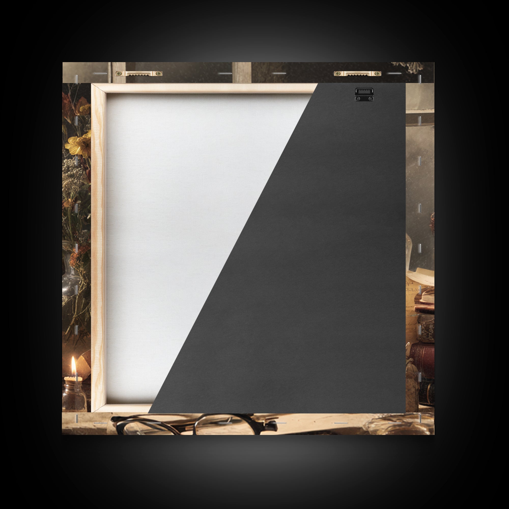 Moonlit Window with Floating Pages Framed Canvas Print, Library Art, Dark Academia Decor, Library Decor, Fine Art, Archive, LIB-1x1-56