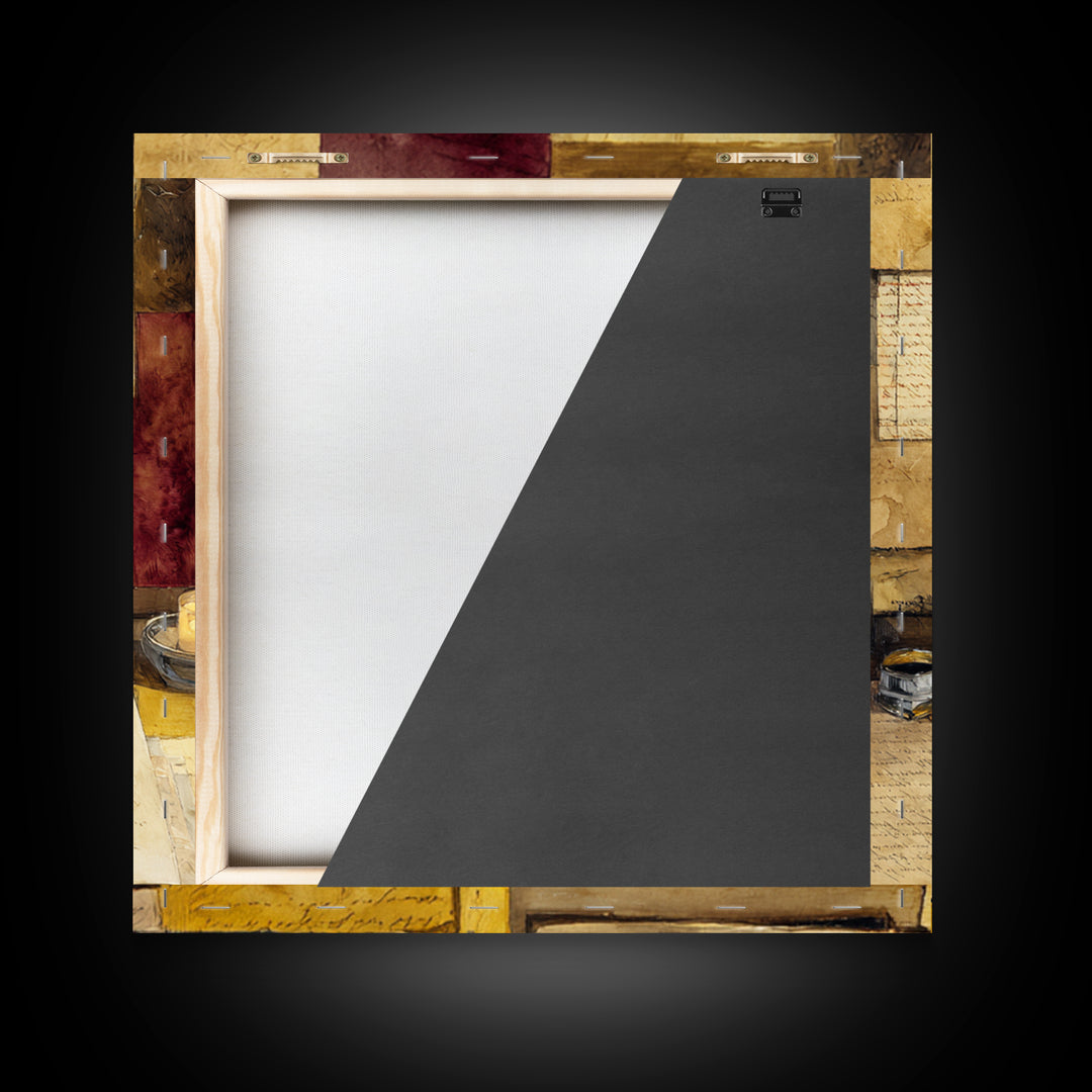 Fountain Pen and Parchment Framed Canvas Print, Library Art, Dark Academia Art, Library Decor, Abstract Art, Archive, LIB-1x1-84