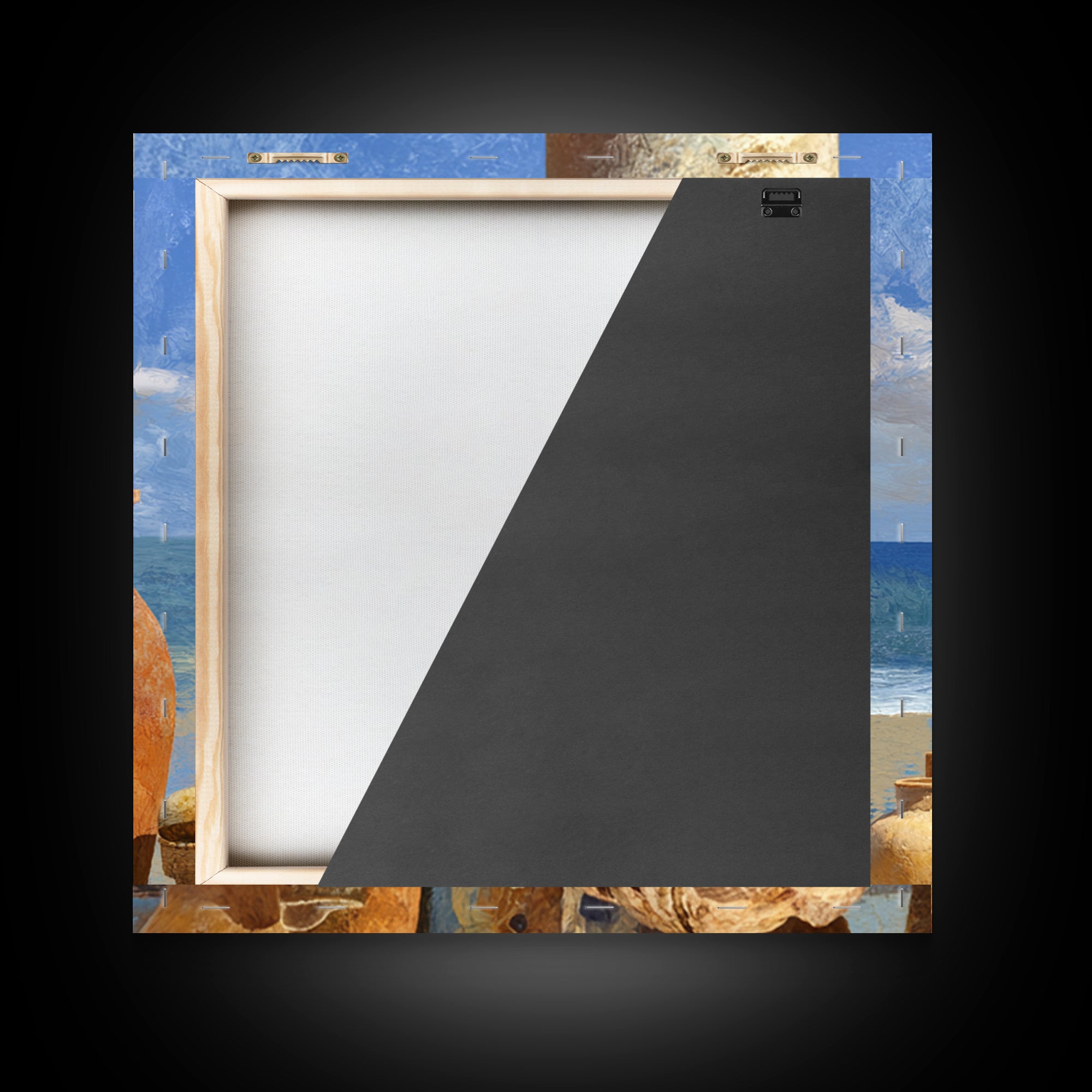 Ancient Column with Sea and Sky Beyond Framed Canvas Print, Mediterranean Art, Oil Painting, Living Room Decor, Fine Art, Azure, MAR-1x1-12