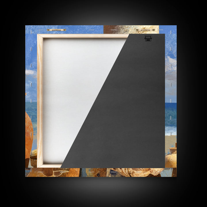 Ancient Column with Sea and Sky Beyond Framed Canvas Print, Mediterranean Art, Oil Painting, Living Room Decor, Fine Art, Azure, MAR-1x1-12