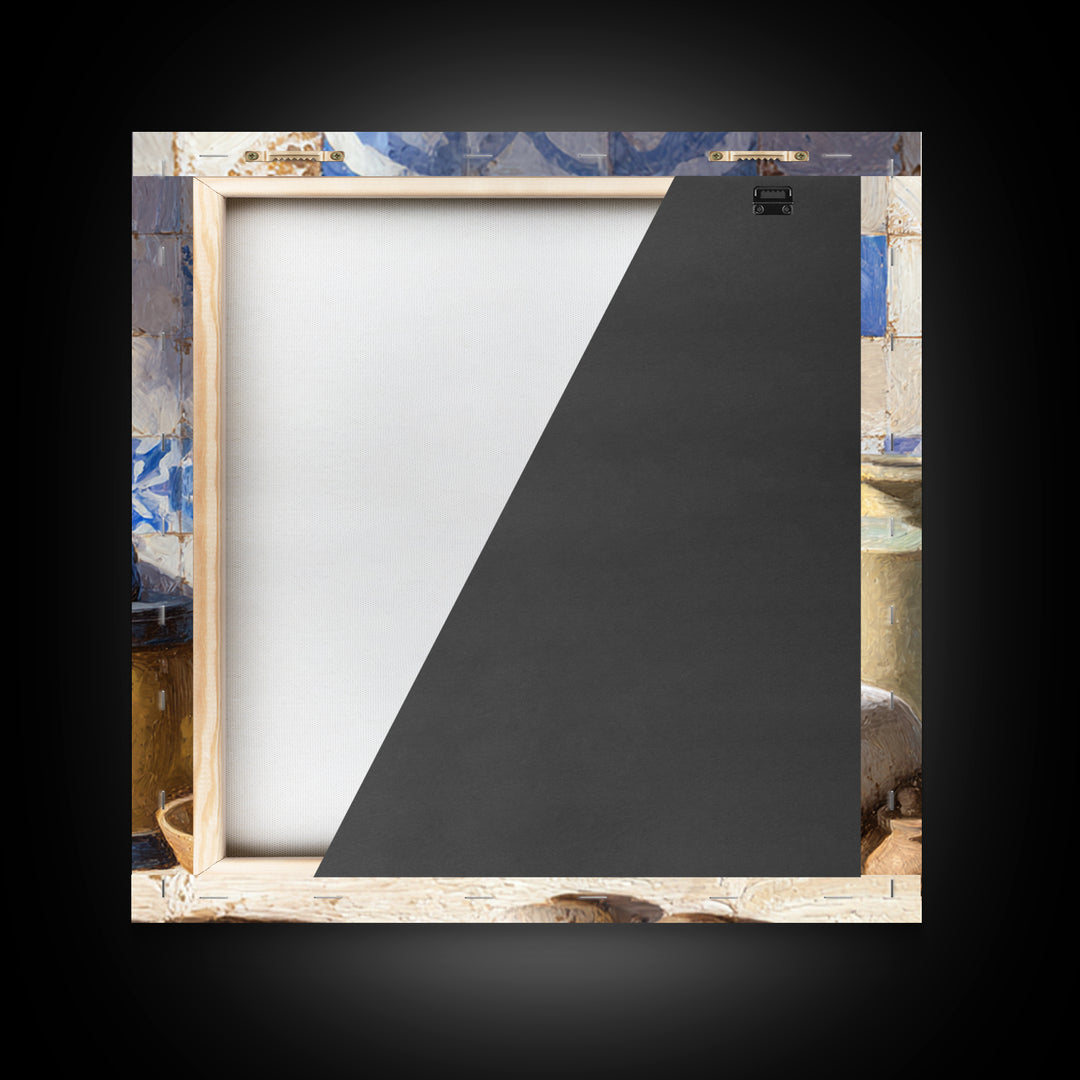 Blue and White Tile Pattern Framed Canvas Print, Mediterranean Art, Watercolor Art, Living Room Decor, Fine Art, Azure, MAR-1x1-52