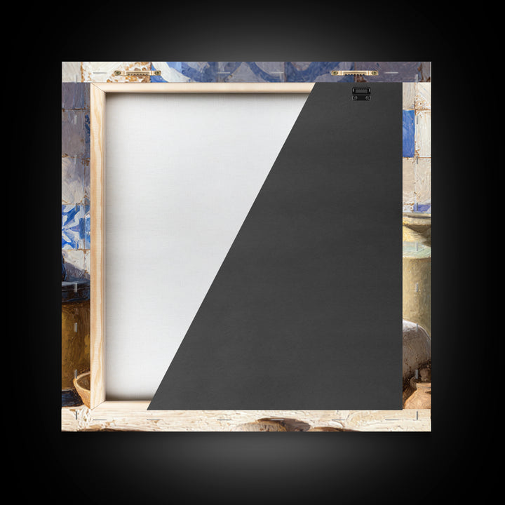Blue and White Tile Pattern Framed Canvas Print, Mediterranean Art, Watercolor Art, Living Room Decor, Fine Art, Azure, MAR-1x1-52