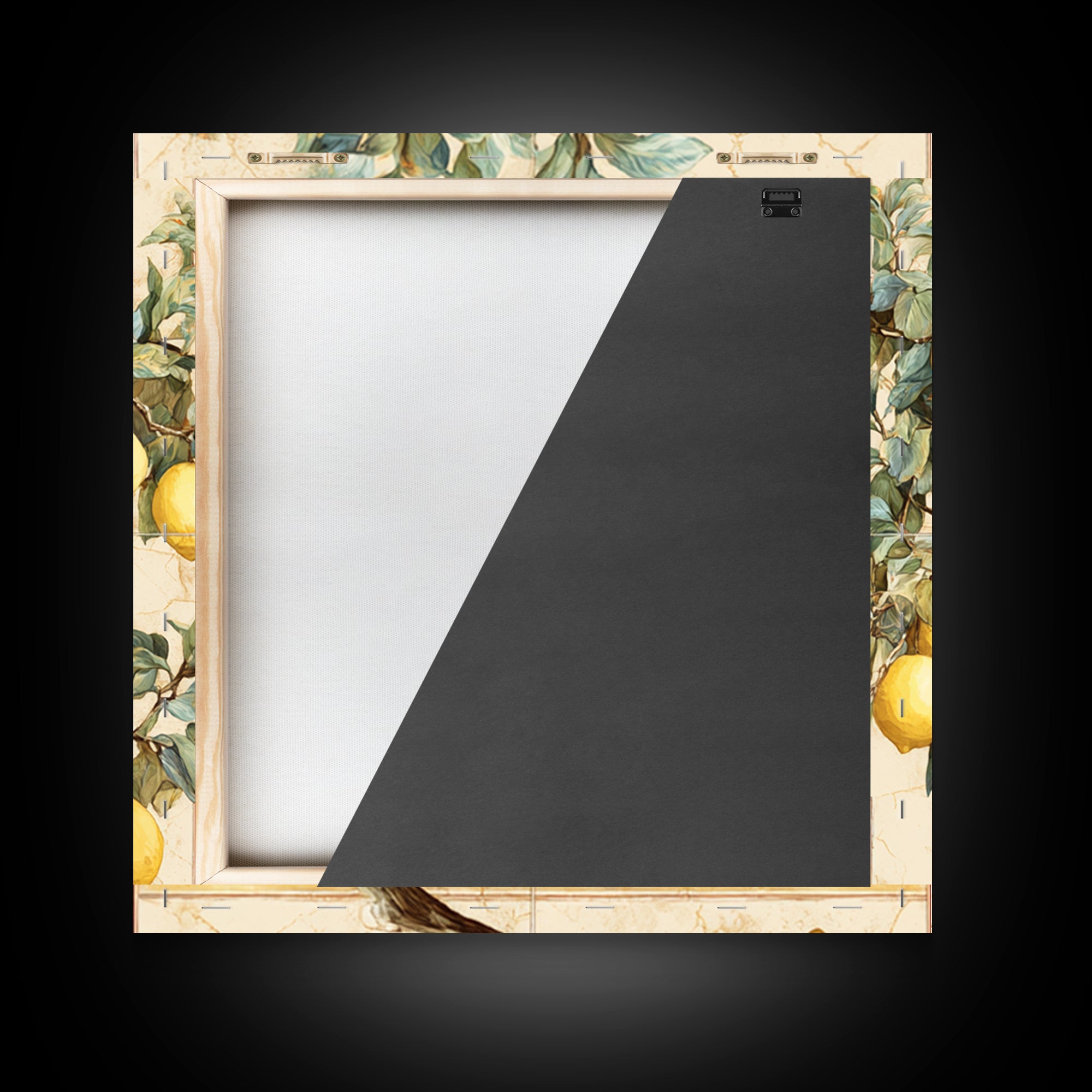 Sicilian Lemon Branch on Ivory Background Framed Canvas Print, Mediterranean Art, Gallery Wall Art, Living Room Decor, Azure, MAR-1x1-61