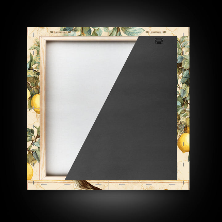 Sicilian Lemon Branch on Ivory Background Framed Canvas Print, Mediterranean Art, Gallery Wall Art, Living Room Decor, Azure, MAR-1x1-61