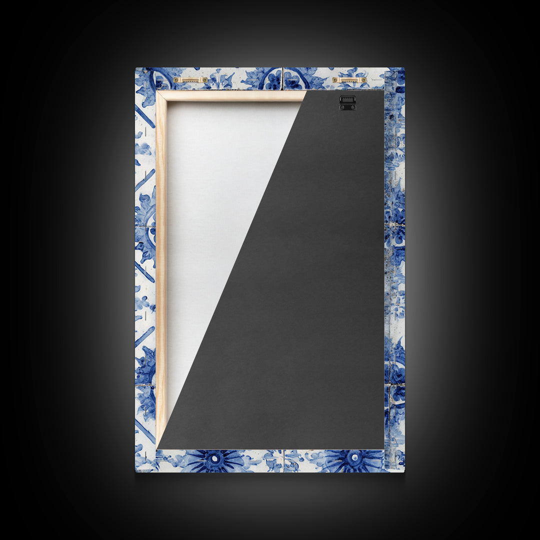 Blue and White Tile Pattern Framed Canvas Print, Mediterranean Art, Statement Artwork, Living Room Decor, Fine Art, Azure, MAR-2x3-60