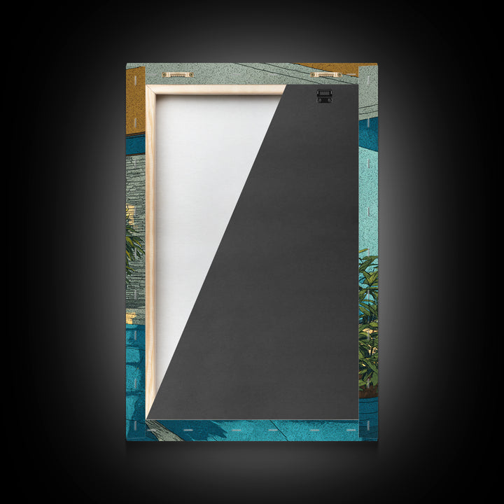Sunlit Mid Century Patio Pool Framed Canvas Print, Modern Architecture Wall Art, Palm Springs Decor, MCM Home Office Decor