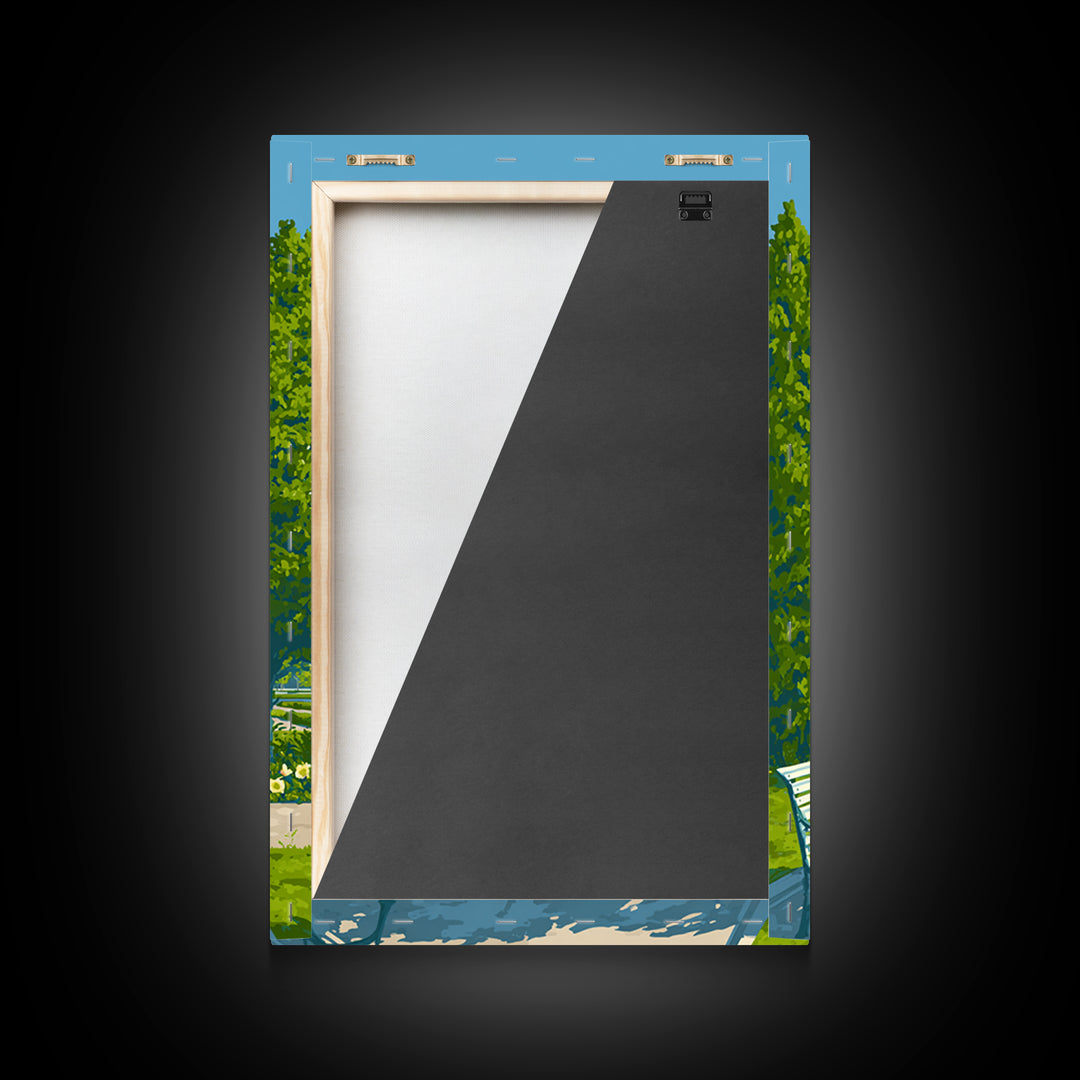 Green Formal Garden Walkway Framed Canvas Print, Mid Century Modern Nature Art, Bright Park Landscape Wall Decor For Home Office
