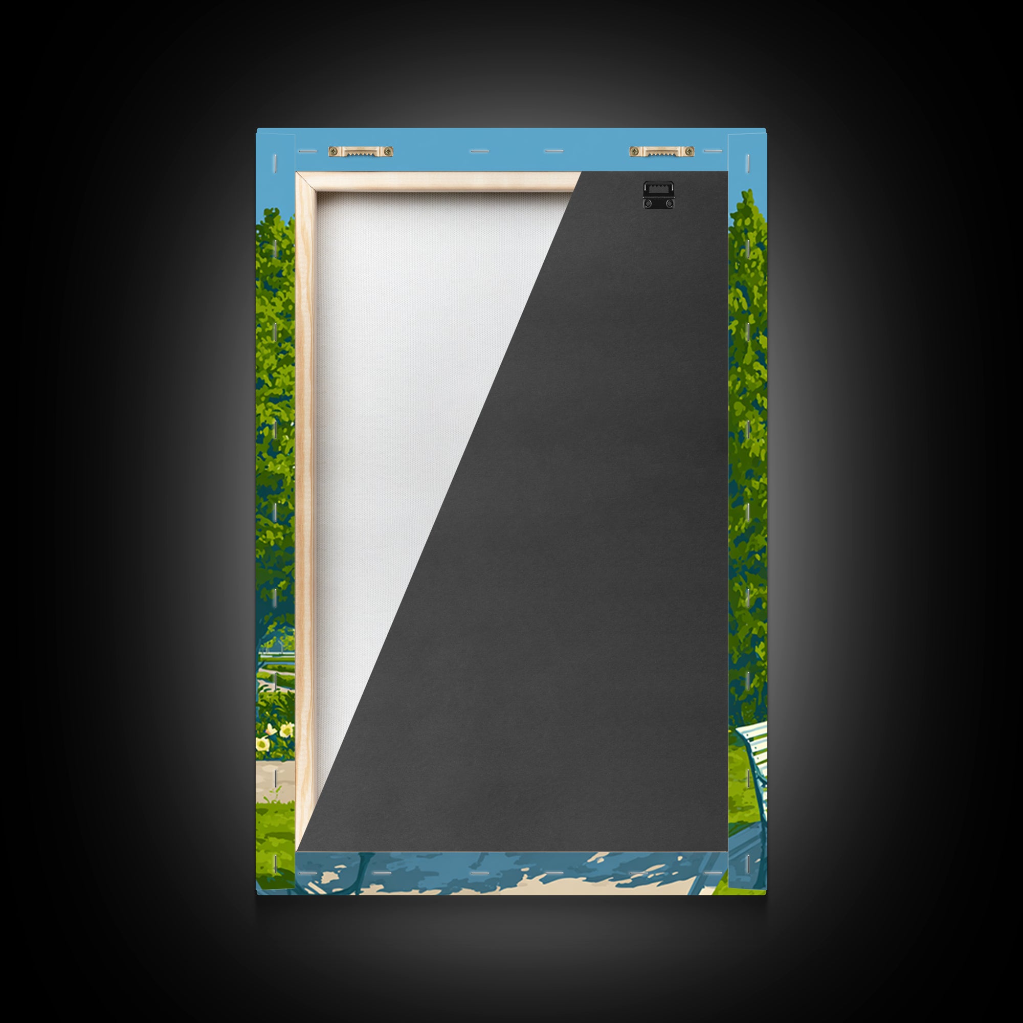 Green Formal Garden Walkway Framed Canvas Print, Mid Century Modern Nature Art, Bright Park Landscape Wall Decor For Home Office