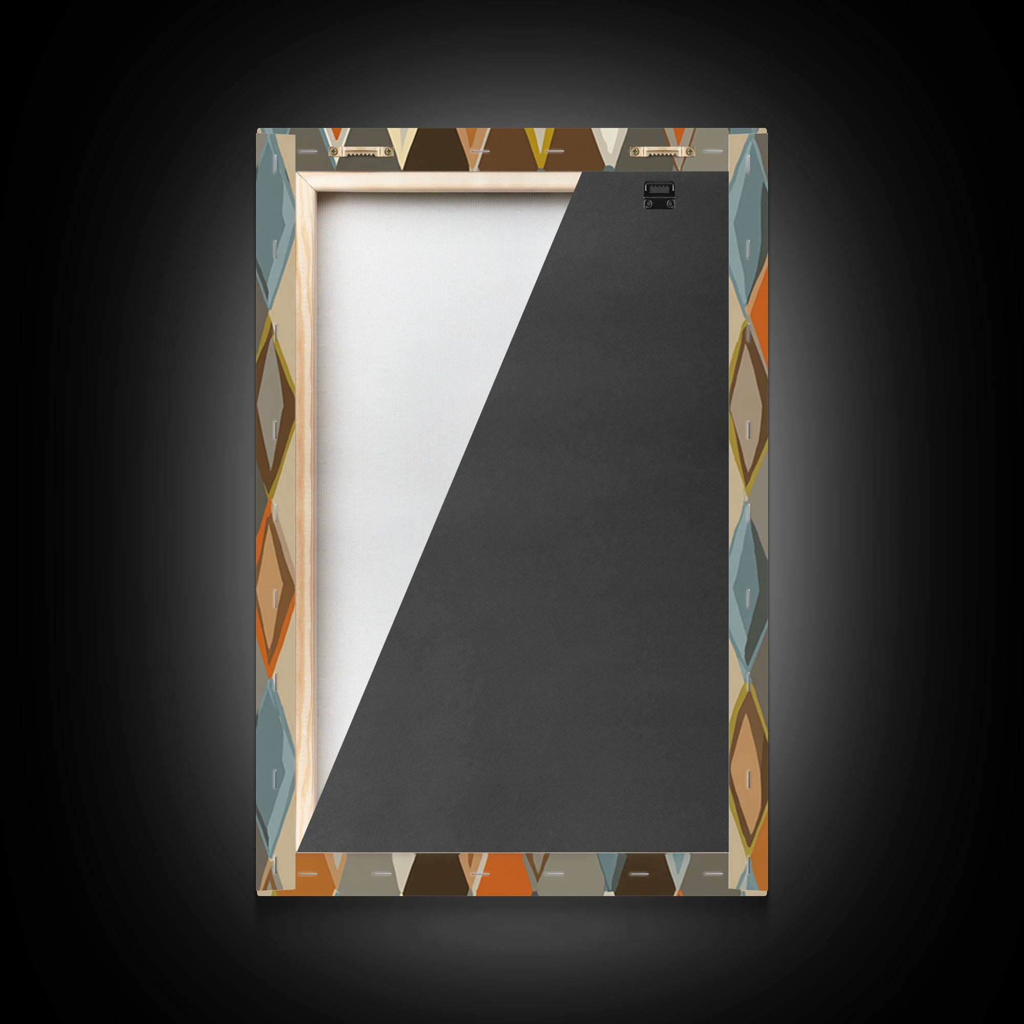 Earthy Argyle Diamond Pattern Framed Canvas Print, Mid Century Modern Wall Decor, Retro Geometric Abstract Art, Orange Blue