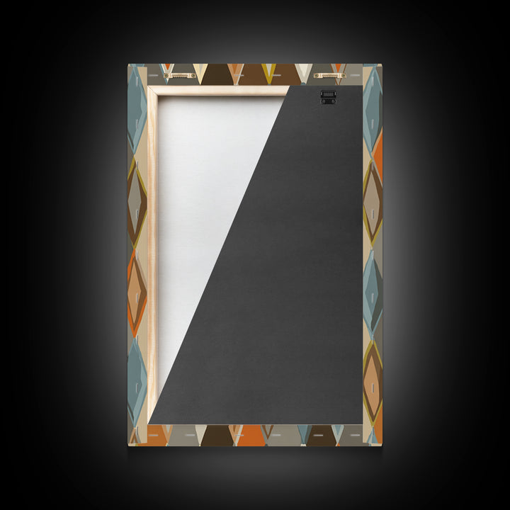 Earthy Argyle Diamond Pattern Framed Canvas Print, Mid Century Modern Wall Decor, Retro Geometric Abstract Art, Orange Blue