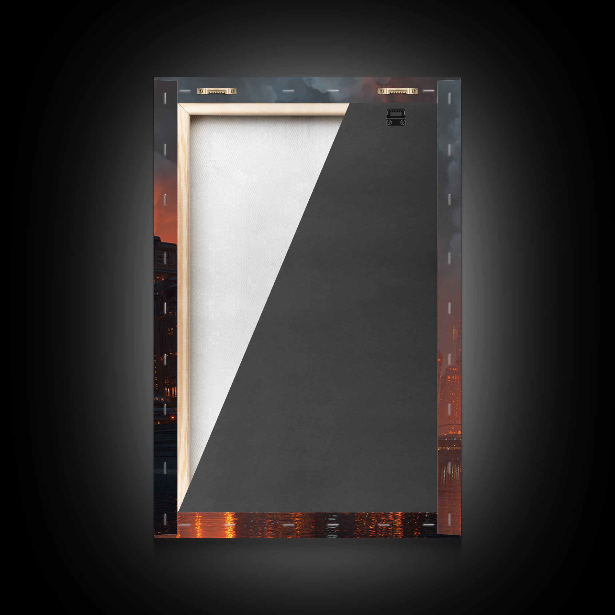 Burning Neon Futuristic Skyline Framed Canvas Print, Modern Wall Art, Dark Sci Fi City Poster, Orange Black Industrial Decor