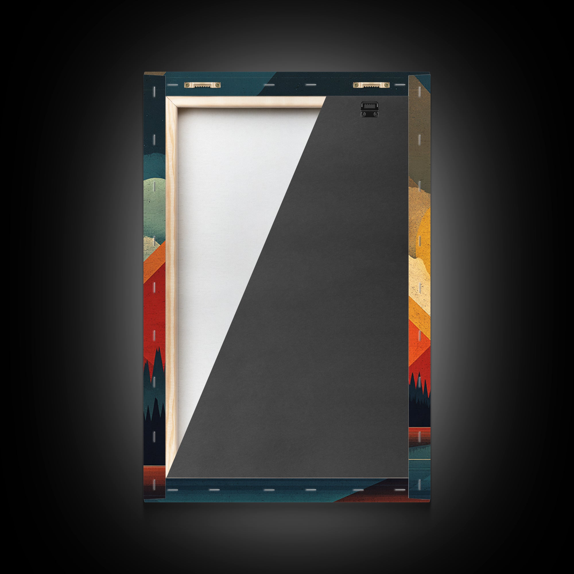 Geometric Mountain Lake Wall Art, Midcentury Modern Abstract Landscape Print, Orange Sun MCM Poster For Living Room Home Decor