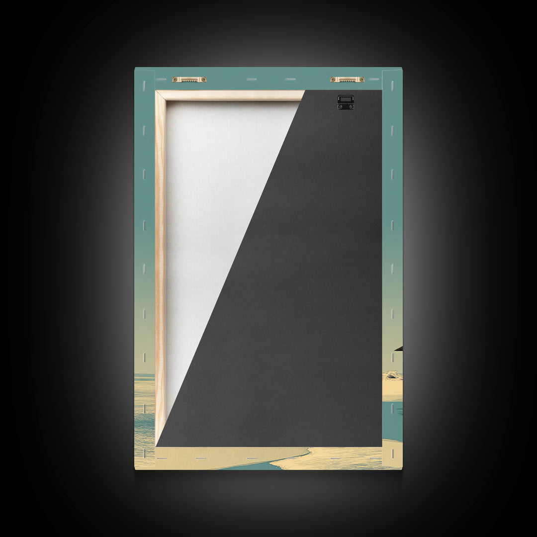 Minimal Beach Umbrellas Framed Canvas Print, Neutral Coastal Wall Art, Modern Landscape Poster, Serene Ocean Bedroom Decor