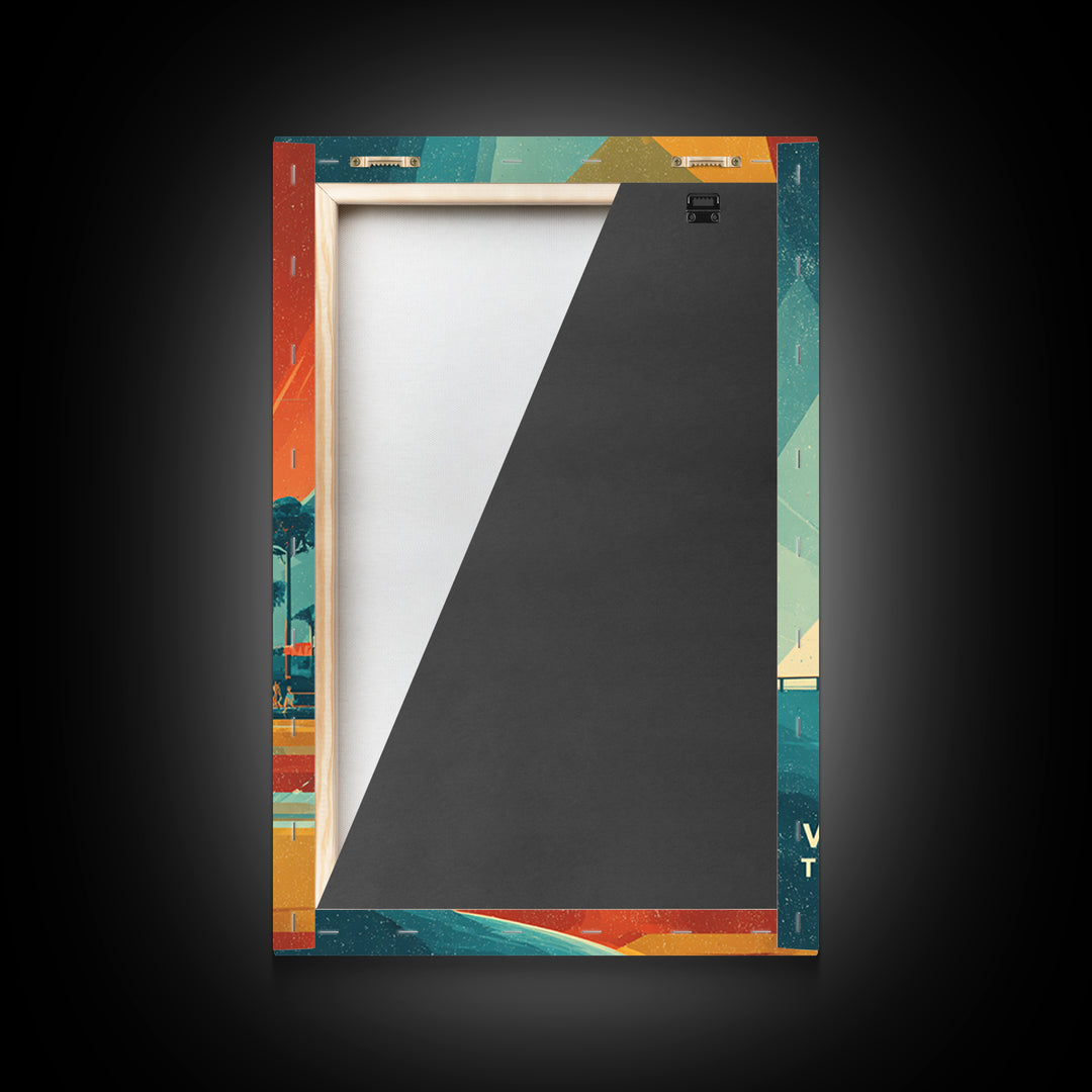 Tomorrow Coast Futuristic Beach Wall Art, Retro Travel Poster, Palm Springs Sailboat Canvas Print, Midcentury Modern Home Decor