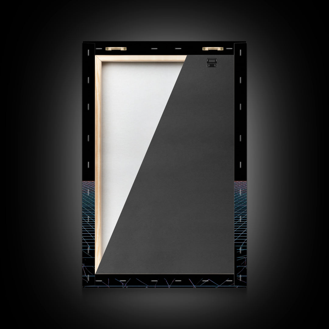 Minimal Retro Sun Over Digital Grid Canvas Print, Black Sci Fi Wall Art, Vaporwave Poster, Modern Geometric Decor Print Gift