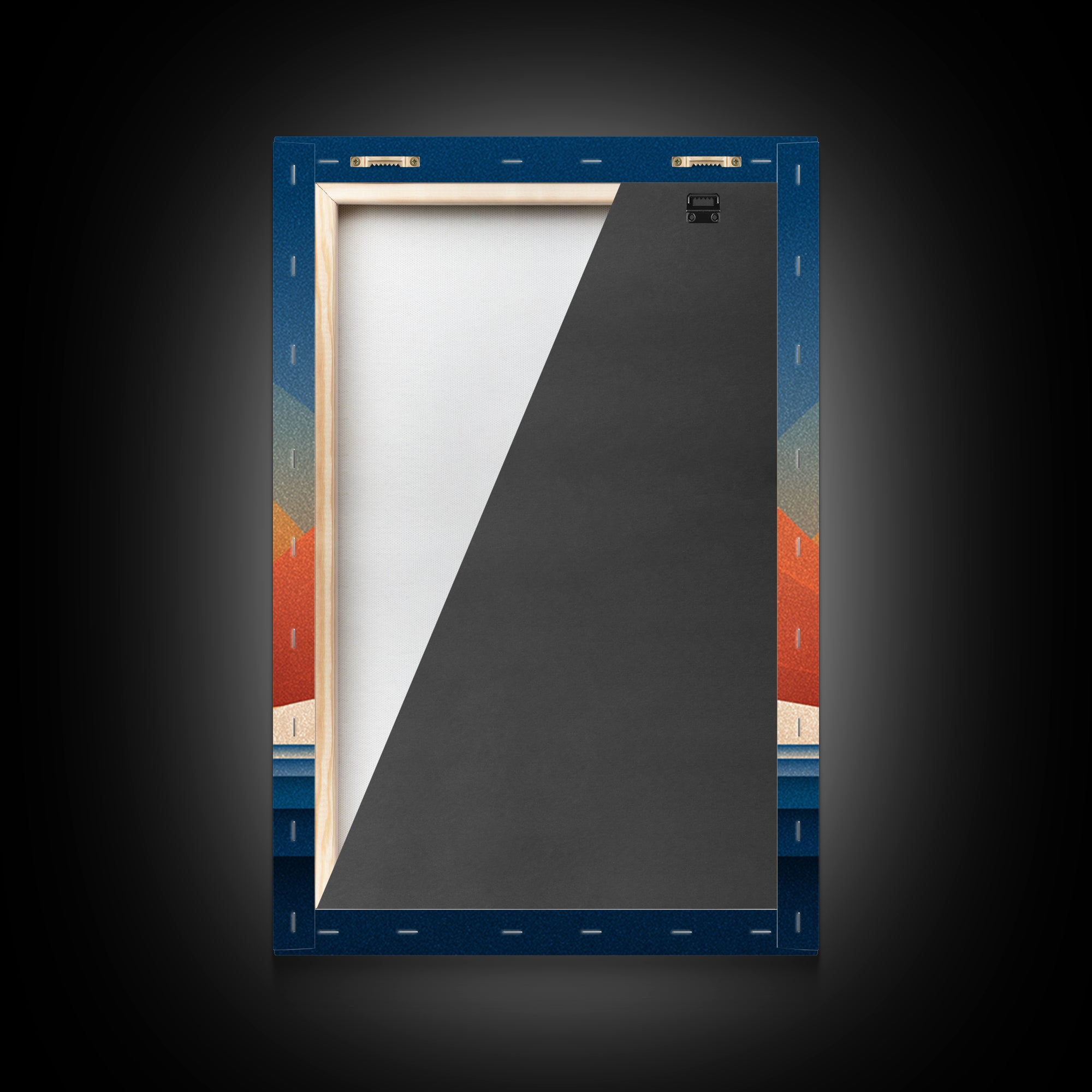 Geometric Desert Sunrise With Red Mountains Framed Canvas Print, Midcentury Modern Wall Art, Orange Blue Abstract Decor Poster