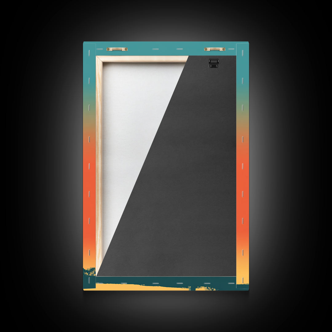 Lone Palm Tree On Orange Teal Horizon Canvas Print, Minimal Retro Tropical Poster, Palm Springs Decor, Coastal Wall Art Print