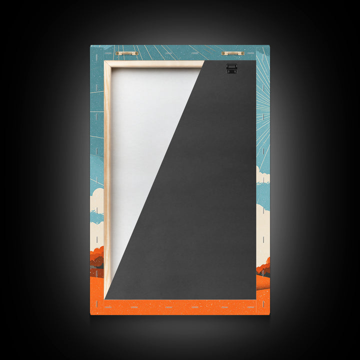 Orange Satellite Dish Under Blue Sun Canvas Print, Midcentury Modern Wall Art, Retro Space Poster, Atomic Mcm Office Decor