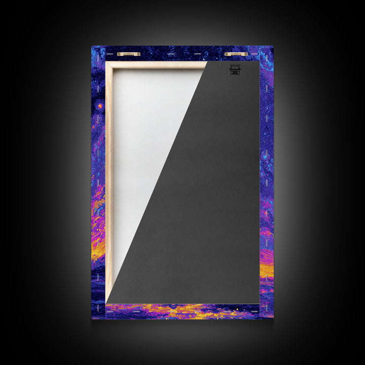 Starry Ocean Sunset Canvas Print, Cosmic Retro Wall Art, Yellow Purple Galaxy Decor, Dreamy Modern Seascape Poster, Living Room