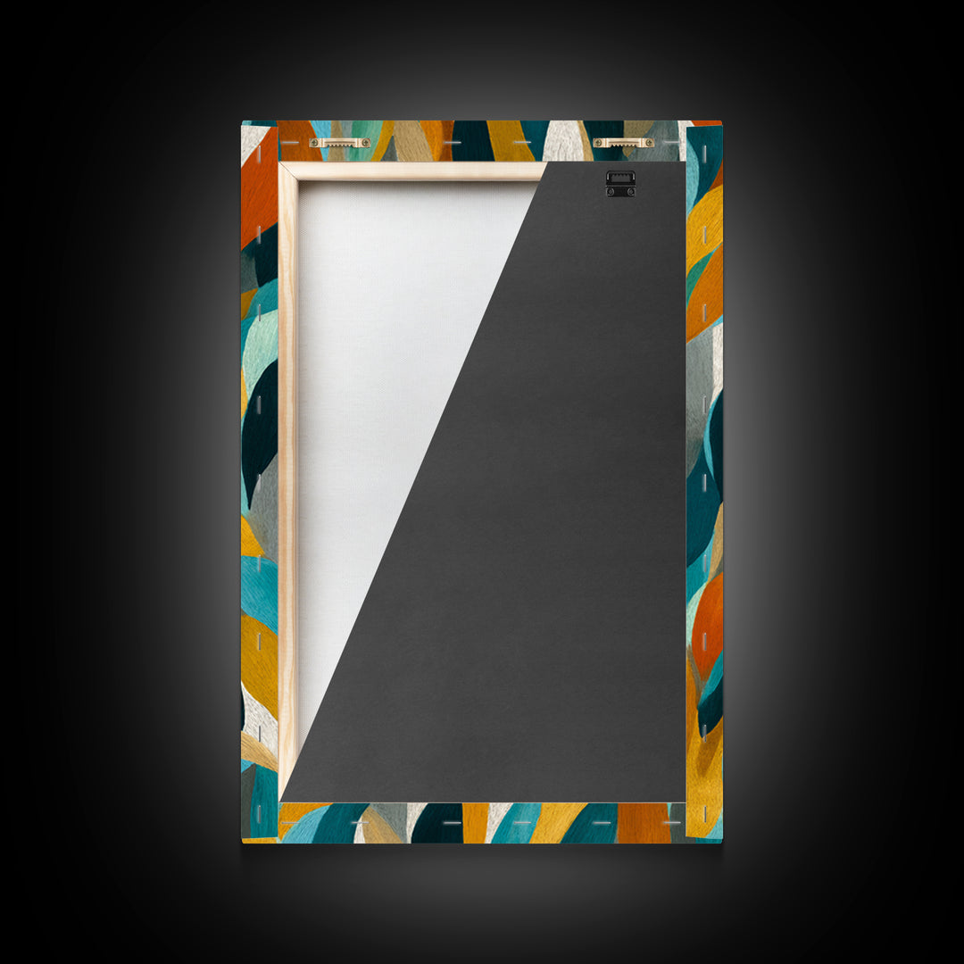 Layered Teal Mustard Leaf Abstract Wall Art, Mid Century Modern Canvas Print, Retro Geometric Statement Living Room Decor