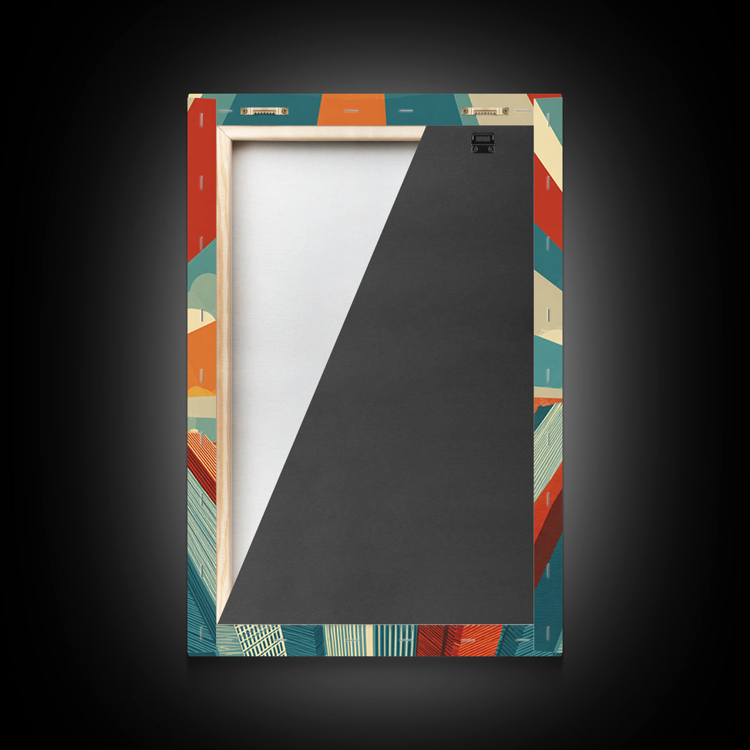 Low Angle Skyscrapers With Radiant Sun, Canvas Print, Mid Century Modern Wall Art, Geometric Poster, Retro Office Decor Print