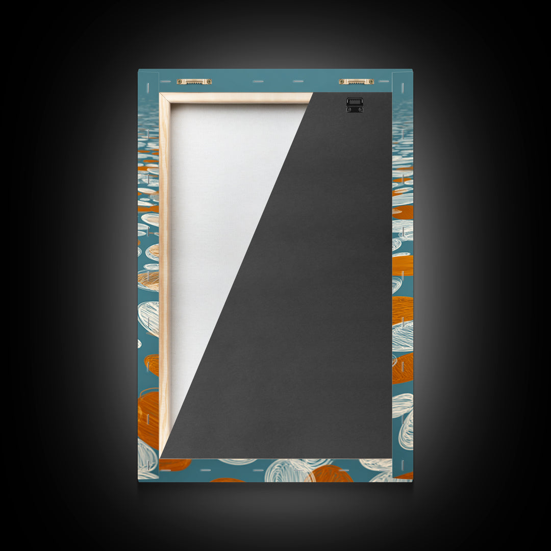 Orange White Floating Pebble Wall Art, Modern Abstract Art Print, Retro Geometric Decor, Blue Coastal Perspective Poster