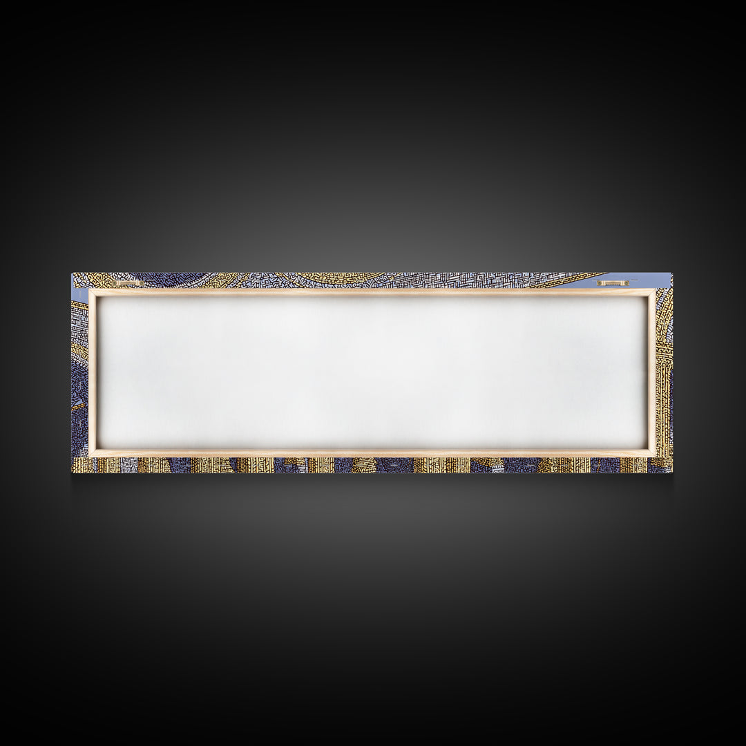 Golden Blue Moorish Arches Framed Canvas Print, Architectural Wall Art, Mediterranean Decor, Elegant Colonnade Poster Gift