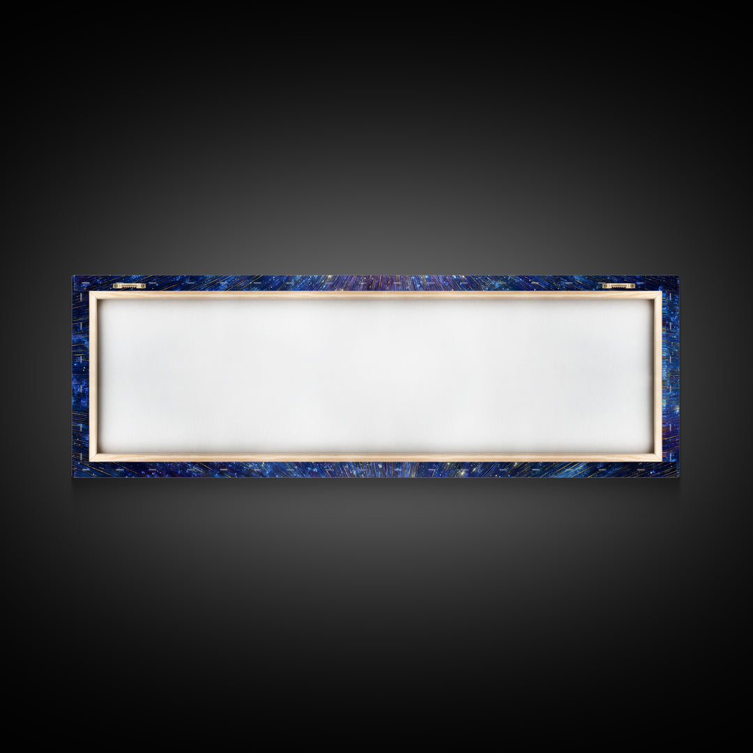 Blue Gold Cosmic Starburst Canvas Print, Space Abstract Wall Decor, Modern Digital Art, Galaxy Light Speed Panoramic Poster
