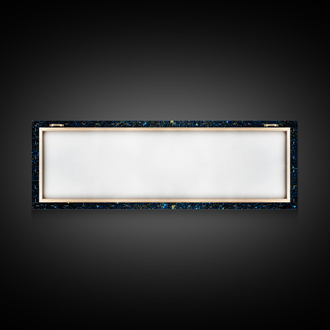 Golden Core Light Speed Canvas Print, Blue Galaxy Abstract Wall Decor, Modern Space Poster, Cosmic Panoramic Digital Artwork
