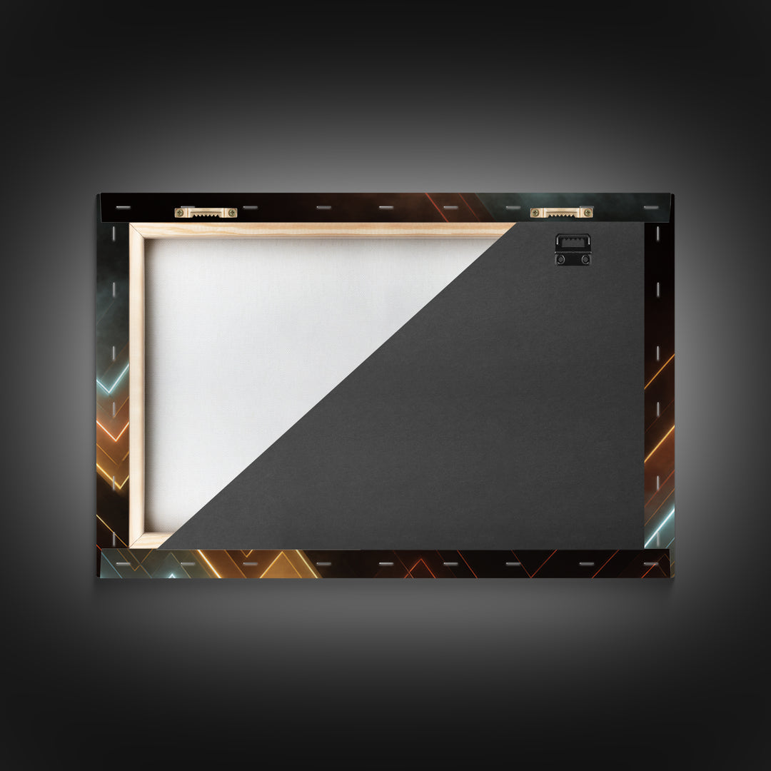 Glowing Neon Chevron Lines In Smoky Dark, Canvas Print, Geometric Wall Art, Modern Abstract Poster For Office Or Game Room