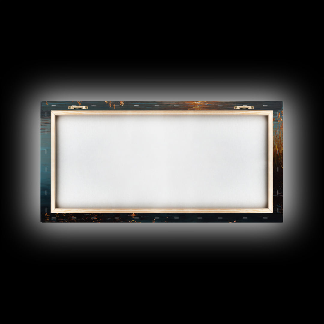 Golden Reeds Gold Canvas Art, Sunset Water Reflection With Grass Canvas Print, Real Wood Frame Wall Décor, Serene Nature Inspired Artwork