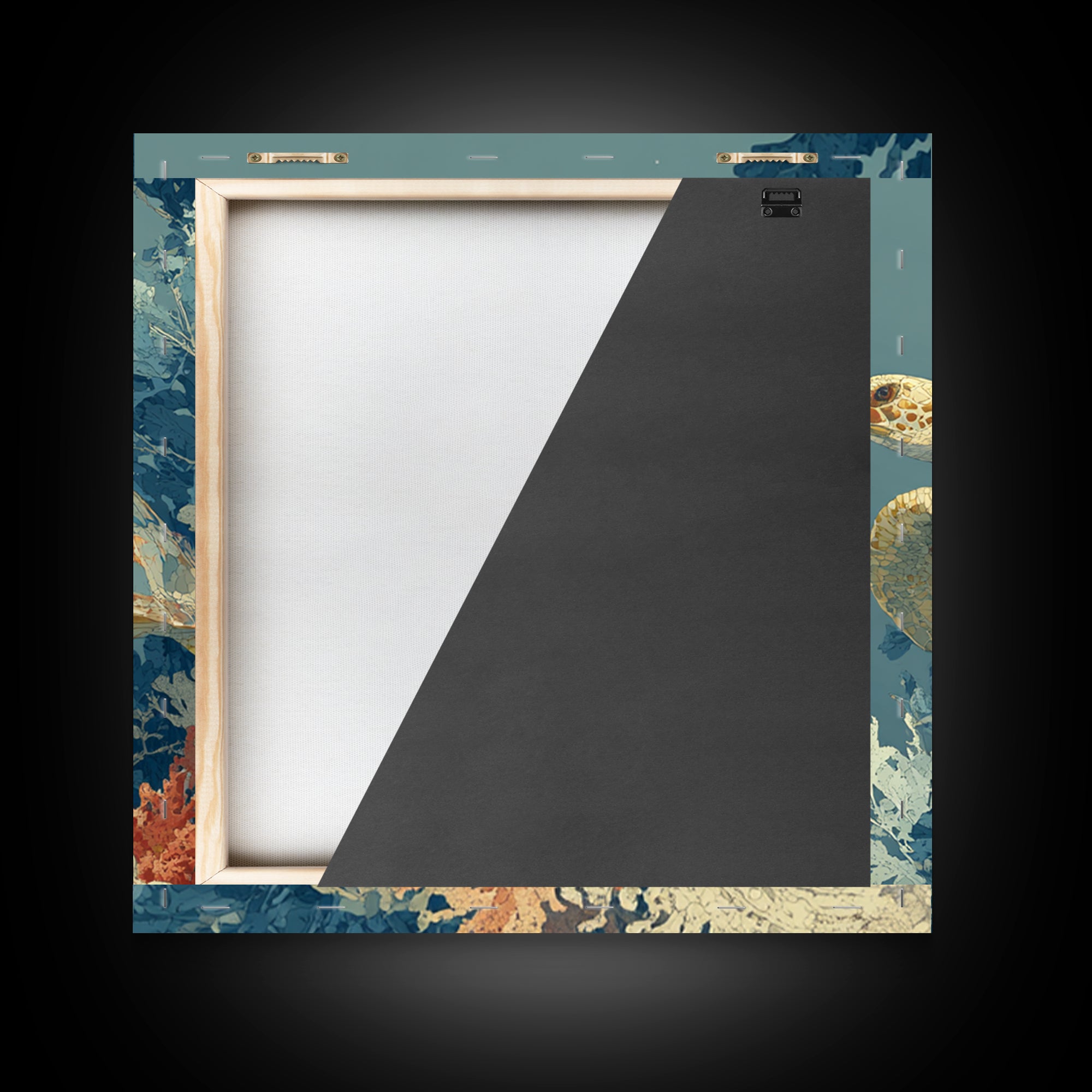 Bioluminescent Plankton Around Swimming Turtle Framed Canvas Print, Marine Life Art, Wall Art, Living Room Decor, Marine, MLA-1x1-48
