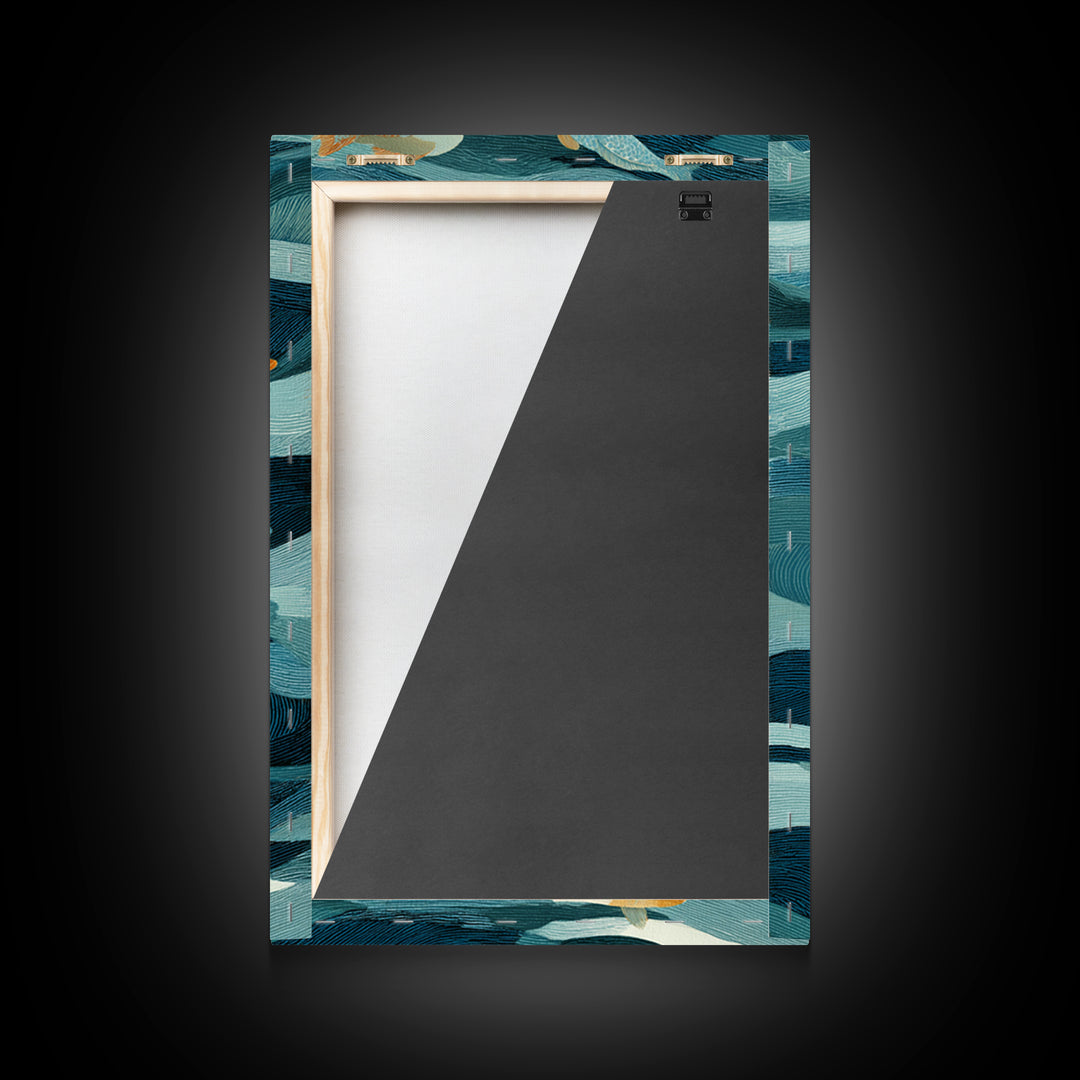 Teal Koi Fish on Tonal Water Framed Canvas Print, Monochrome Art, Wall Art, Living Room Decor, Fine Art, Mono, Abstract Art, MON-2x3-1
