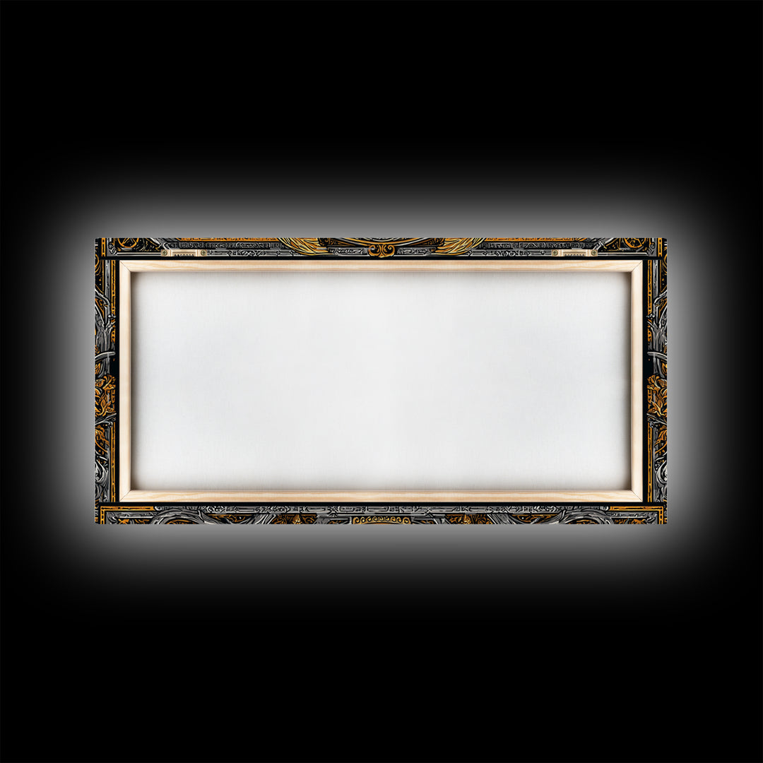 Ornate Ram Lyre, Gold Canvas Print, Real Wood Frame, Mythology Inspired Musical Art, Classical Decorative Artwork