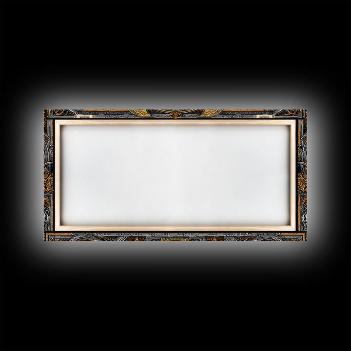 Ornate Ram Lyre, Gold Canvas Print, Real Wood Frame, Mythology Inspired Musical Art, Classical Decorative Artwork