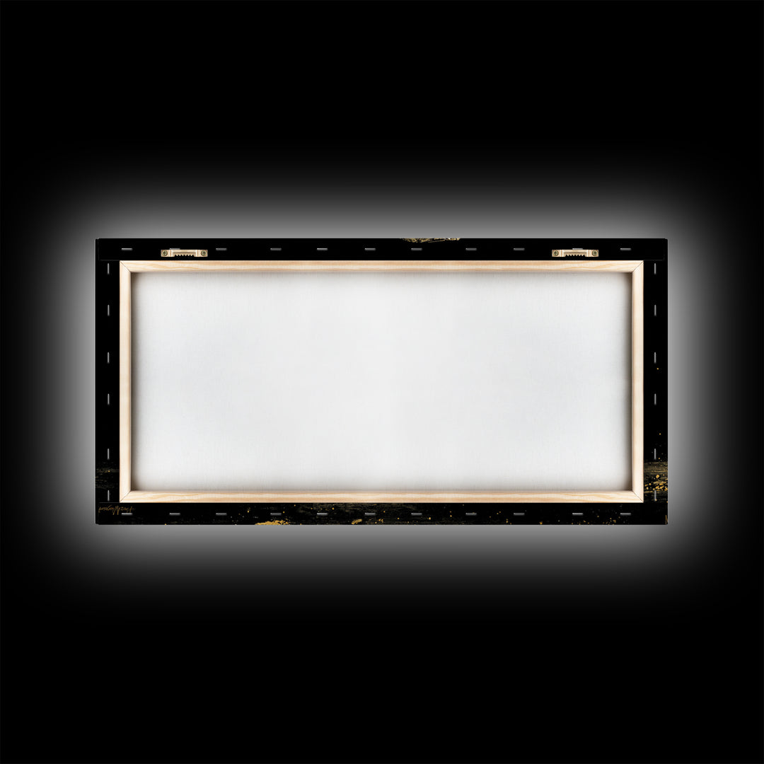 Golden Theatrical Mask, Gold Canvas Print, Real Wood Frame, Dramatic Abstract Artwork, Expressive Wall Art