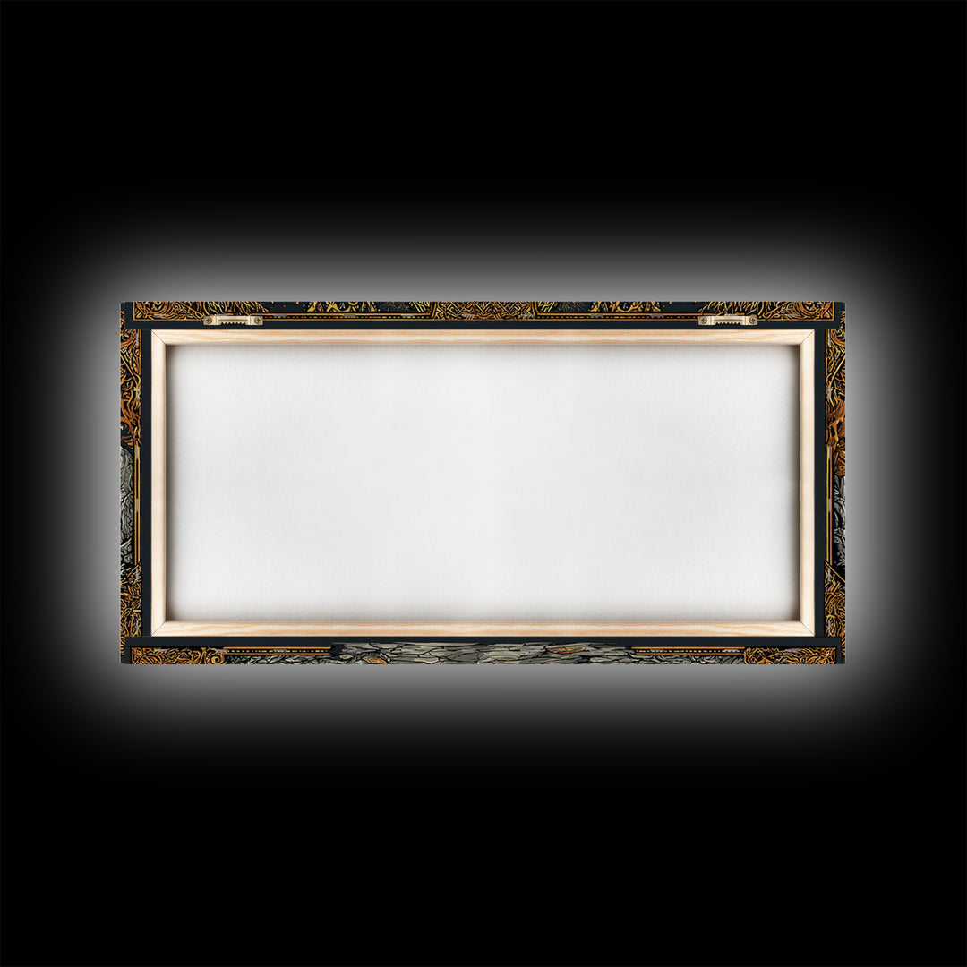 Gold Fantasy Portal Artwork, Glowing Pillars and Trees, Wood Framed Map Wall Décor for Magical and Epic Settings
