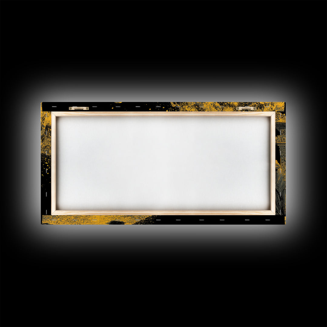 Gold Ancient Gate Scene, Robed Figures and Ornate Carvings, Wood Framed Map Wall Art for Mystery and Fantasy Lovers