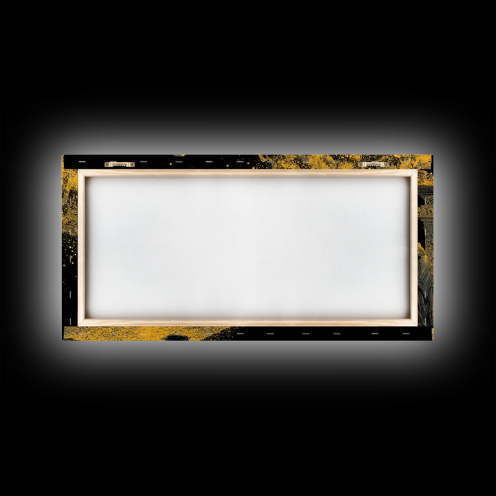 Gold Ancient Gate Scene, Robed Figures and Ornate Carvings, Wood Framed Map Wall Art for Mystery and Fantasy Lovers